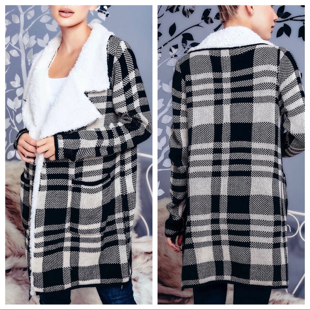 Stunning Plaid Fur Lined Cardigan Coat With Wide Collars - Picture 4 of 7